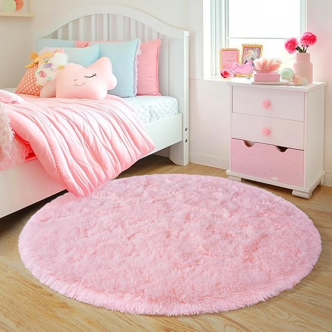 3'x3' Round Pink Rugs for Girls Bedroom, Ultra Soft Fluffy Circle Rug for Kids Room, Cute Small Shag Rugs for Living Room Playroom Tent Castle Home Decor Rug