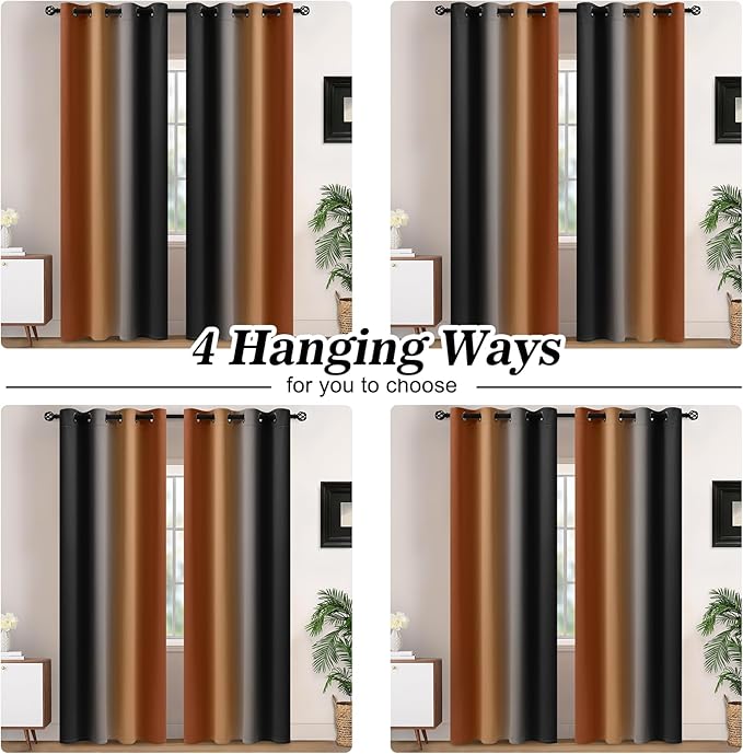 Yakamok Blackout Ombre Burnt Orange and Black Curtains-Gradient Room Darkening Curtain, Grommet Thermal Insulated Light Blocking Window Drapes Curtain for Living Room Bedroom,52 x 54 Inch,2 Panels