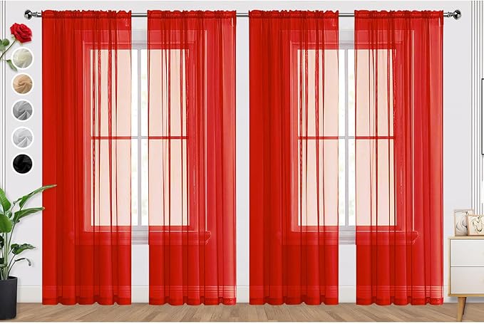 SpaceDresser Sheer Red Curtains 4 Panels Rod Pocket Semi-Sheer Curtain 72 Inches Long Light Filtering Voile Window Drapes for Bedroom Living Room Kitchen, Each 52W x 72L
