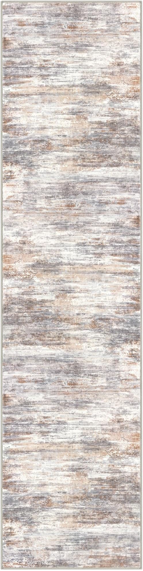 KOZYFLY Modern Abstract Washable Rug Runner 2.6x10 Hallway Rug Runner Non-Slip Soft Kitchen Runner Rugs, Multi Grey/Orange Striped Carpet for Entryway Bathroom