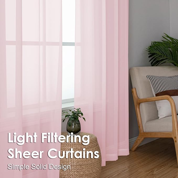 OVZME Blush Pink Sheer Curtains 108 Inches Long 2 Panels - Soft Light Filtering Window Sheer Panels for Living Room/Bedroom, Top Dual Rod Pocket, 1 Pair, Each 42Wx108L Inches