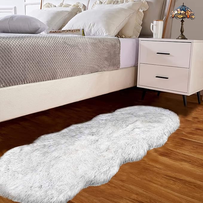Goolela Faux Sheepskin Rug 2x6 Fluffy Fuzzy Furry Runner for Bedroom Bedside Plush - White with Grey Tips - Sheepskin