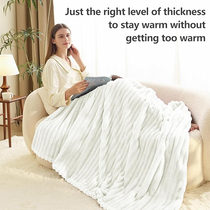 HIMEET Off White Ribbed King Size Blanket for Bed - 300GSM Lightweight Fleece Blanket for Men Women, Large Cozy Sofa Couch Bed Blankets Gifts, Striped Spring Home Room Decor, Off White, 108x90 Inches