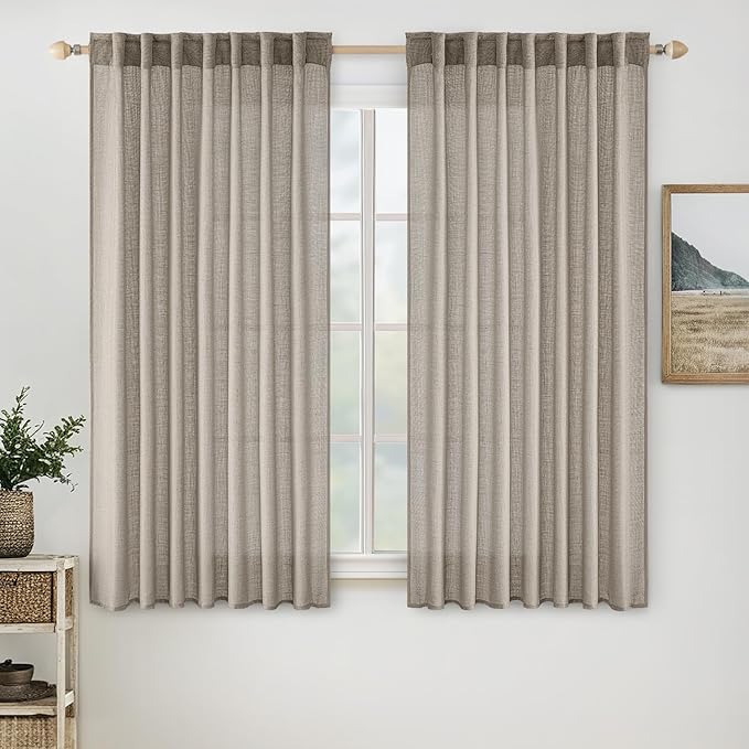MIULEE Burlywood Birch Linen Curtains 45 Inch Length 2 Panels for Bedroom Living Room, Soft Linen Textured Window Drapes Semi Sheer Light Filtering Back Tab Rod Pocket Farmhouse Burlap Look Decor