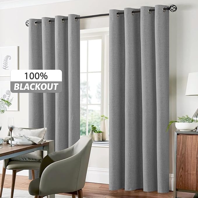 Yakamok Linen Dove Gray Curtains 100% Blackout 84 Inches Long,Room Darkening Textured Curtains for Living Room Thermal Grommet Bedroom Curtains 2 Panels with Greyish White Liner