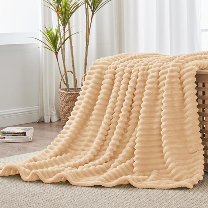 BEDELITE Twin Blanket for Couch & Bed, 300GSM Soft & Warm Fleece Blanket, Decorative and Giftable Striped Blush Sand Blankets for Women, Men, 60"x80"