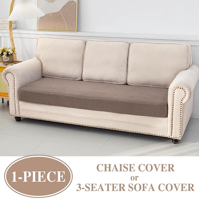 Couch Cushion Cover Chaise Lounge Cover Washable Separate Seat Chaise Couch Cover Stretch Sectional Sofa Slipcover(1 Piece for Chaise or Sofa 3-Seater, Khaki)