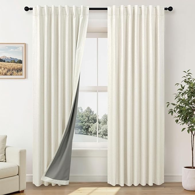 Cream Linen Blackout Curtains by Size 70 Inches Wide x 63 Inch Length Extra Wide Black Out Curtains for 72 Inches Width Bedroom Living Room Darkening Light Blocking Thermal Ivory Off White Drape 70x63