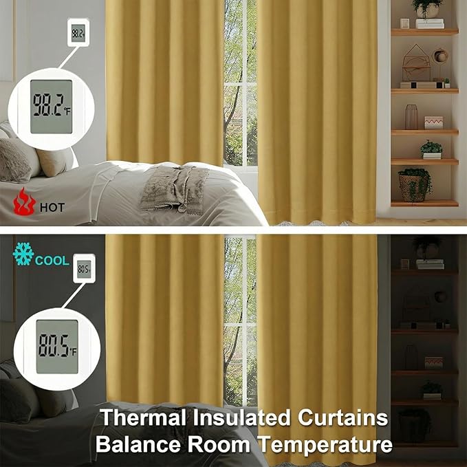 Simplebrand Ava Bright Gold Short Blackout Curtains for Bedroom 45 Inches Long 2 Panels Set, Solid Thermal Insulated, Energy Saving Window Treatment Curtains Blackout Drapes, W40 x L45 Inch