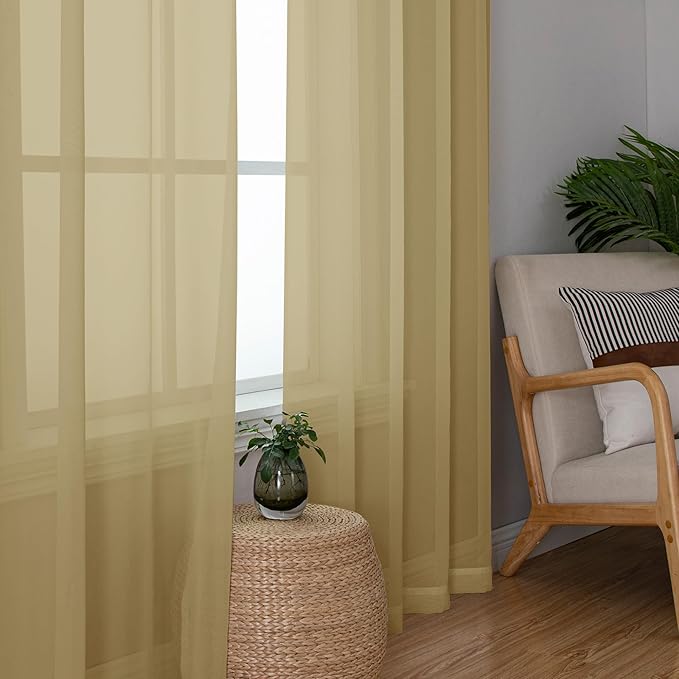 OWENIE Gold Sheer Curtains, 63 Inch Length 2 Panels Set, Soft Voile Drapes for Living Room, Bedroom, Rod Pocket, 2pcs, Each 42" W x 63" L