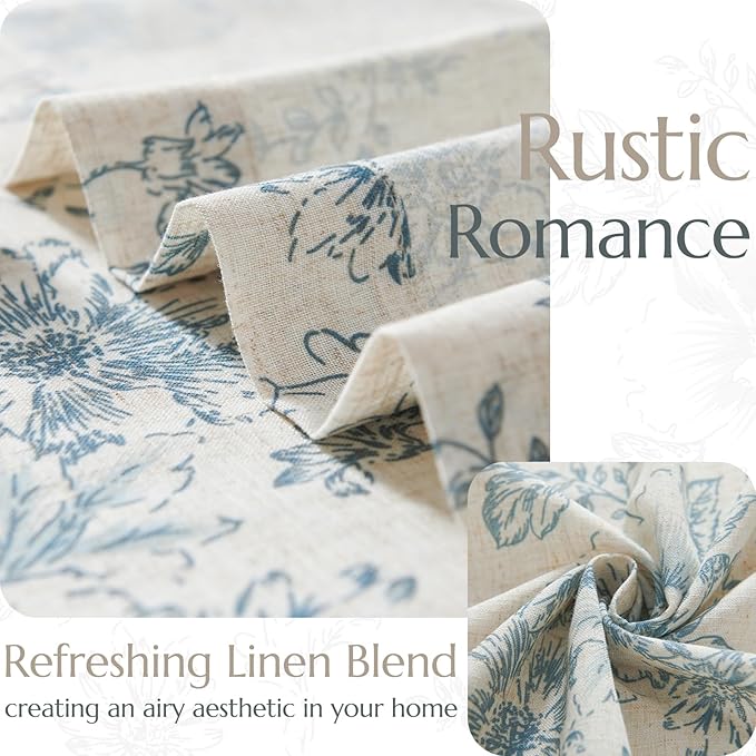 jinchan Linen Floral Curtains 96 Inch Length for Living Room Bedroom Light Filtering Farmhouse Peony Flower Drapes Rustic Window Curtain Set Rod Pocket Back Tab 2 Panels Blue