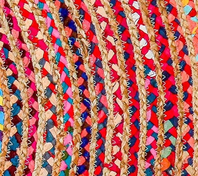 Hausattire Bohemian Braided Rug 3' Round - Multi Color, Small Farmhouse Jute Cotton Area Rag Rugs for Kids Bedroom, Playroom | Colorful Circle Hand Woven Cute Accent Mat