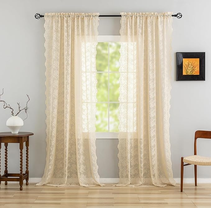YJ YANJUN Vintage Lace Curtains 108 Inches Long-Victorian Floral Beige Sheer Curtains for Living Room Bedroom Light Filtering Drapes Antique Shabby Chic Cottage Core Decor 9ft W52 X L108 Light Brown