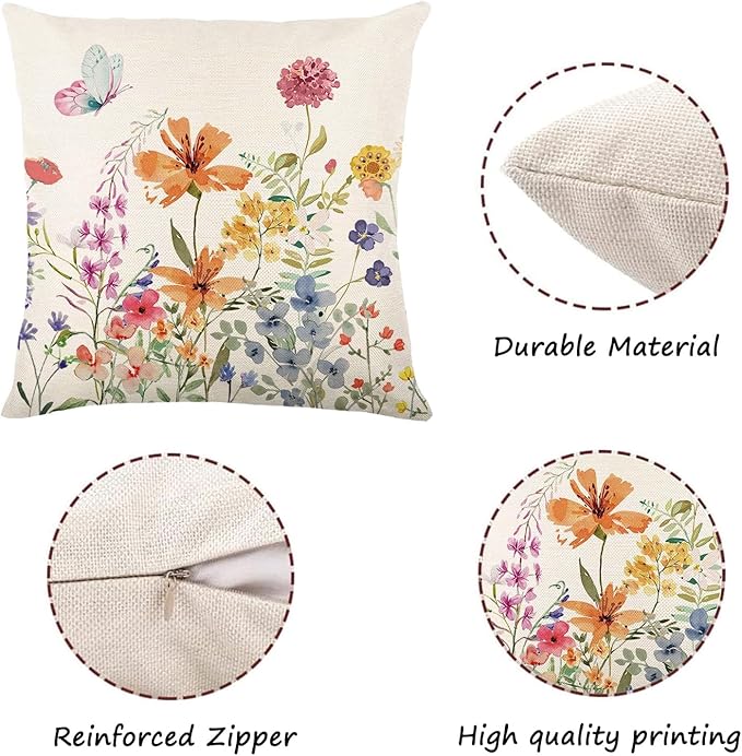 ONFAON Spring Summer Pillow Covers 20x20 Set of 4,Floral Seasonal Summer Outdoor Decoration Pillowcase Linen Cushion Cover for Couch Sofa