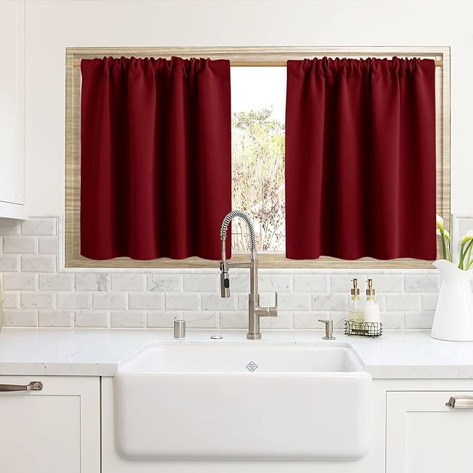 RYB HOME Cafe Blackout Curtains 24 inch Length, RV Curtains for Camper Windows, Mini Short Small Insulating Light UV Blocking Privacy Half Window Tiers, Width 42 by Length 24, Burgundy Red, 2 Panels