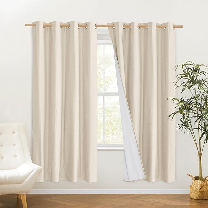 NICETOWN 100% Absolutely Blackout Linen Curtains with Thermal Insulated White Liner, 52" Wide, 2 Panels, 72 inches Long Drapes, Grommet Retro Beige Linen Curtains Vertical Drapes Privacy for Bedroom