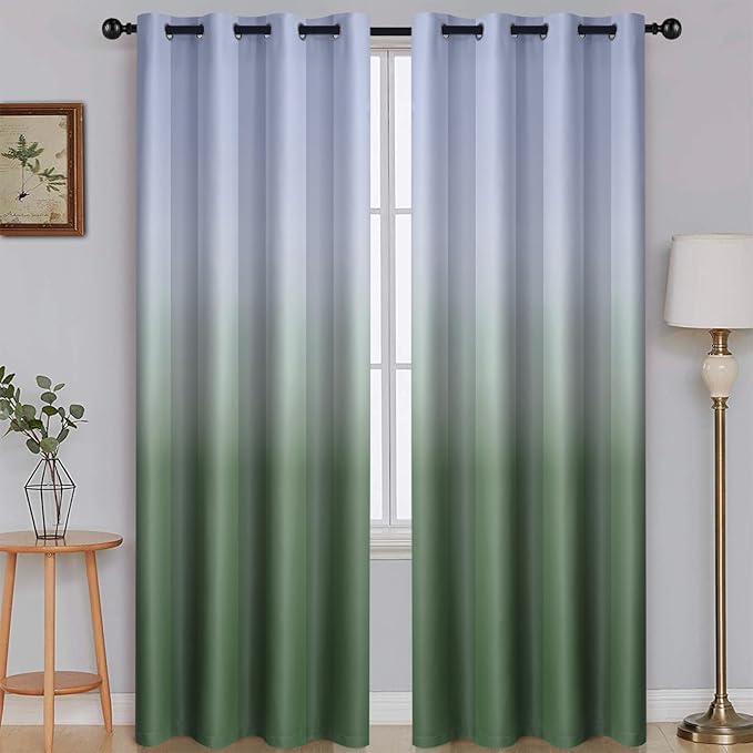 SimpleHome Ombre Room Darkening Curtains for Bedroom, Light Blocking Gradient Grey White to Sage Green Thermal Insulated Grommet Window Curtains/Drapes for Living Room,2 Panels, 52x84 inches Length