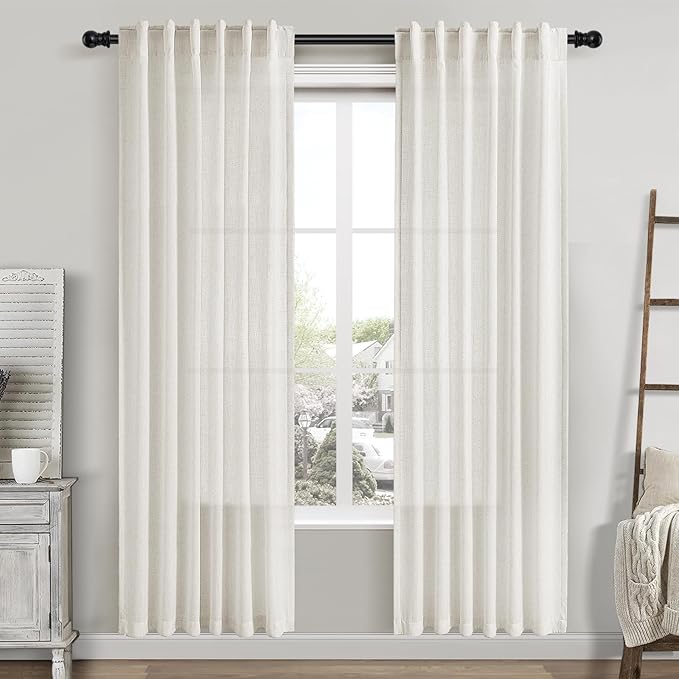 Cream Linen Curtains 80 Inch Length 2 Panels Set Back Tab Drapes for Bedroom Living Room Modern Farmhouse Coastal Decor Semi Sheer Privacy Light Filtering Windows Dining Room 42x80
