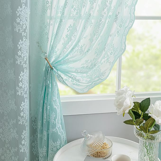 YJ YANJUN Vintage Lace Curtains 84 Inches Long-Victorian Floral Pattern Aqua Sheer Curtain Panels for Living Room Bedroom,Light Filtering, Memaid Beachy Drapes 2 Panels 52W x 84L Mint Green