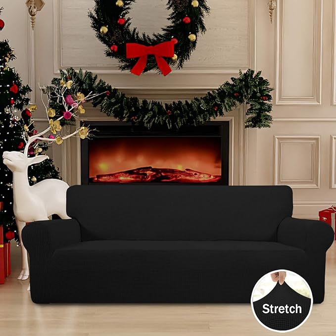 Easy-Going Stretch Sofa Slipcover 1-Piece Sofa Cover Furniture Protector Couch Soft with Elastic Bottom for Kids, Polyester Spandex Jacquard Fabric Small Checks (Sofa, Black)