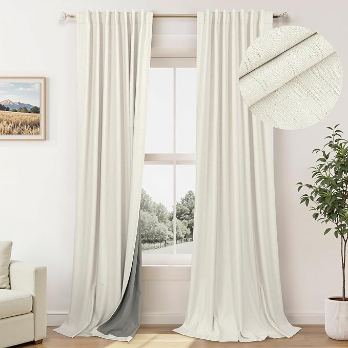 Custom Made Curtains 86 Inches Long for Bedroom 2 Panels Set Unique Faux Linen Blackout Curtain for 84-88 Inch Tall Window Black Out Drapes Living Room Modern Farmhouse Back Tab Rod Pocket Cream Ivory