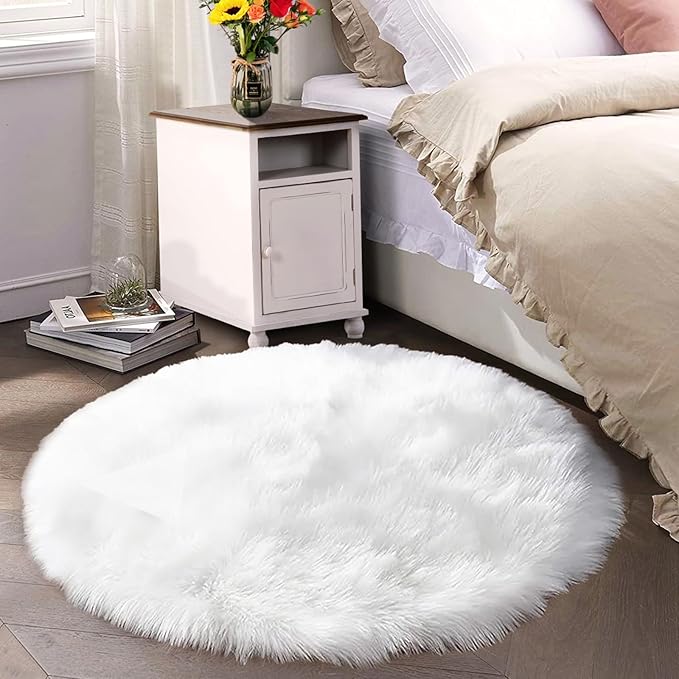 Latepis White Round Rug 5ft Faux Fur Sheepskin Circle Rug for Living Room Fluffy Washable Rug for Bedroom Teen Room Dorm Cute Room Décor