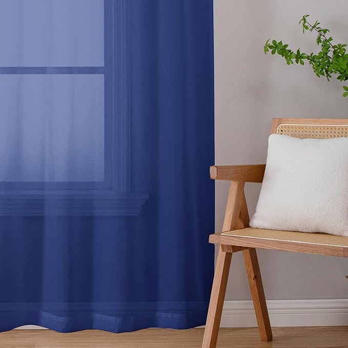 Chyhomenyc Royal Blue Sheer Valances for Windows - Light Filtering Small Kitchen Curtains, Rod Pocket Short Top Window Treatment Decor for Living Room Bathroom Basement, 42Wx16L inches, 2 Panels