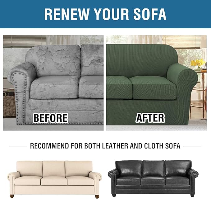 H.VERSAILTEX 4 Piece Stretch Sofa Covers for 3 Cushion Couch Covers for Living Room Furniture Slipcovers (Base Cover Plus 3 Seat Cushion Covers) Thicker Jacquard Fabric (Large Sofa, Bronze Green)