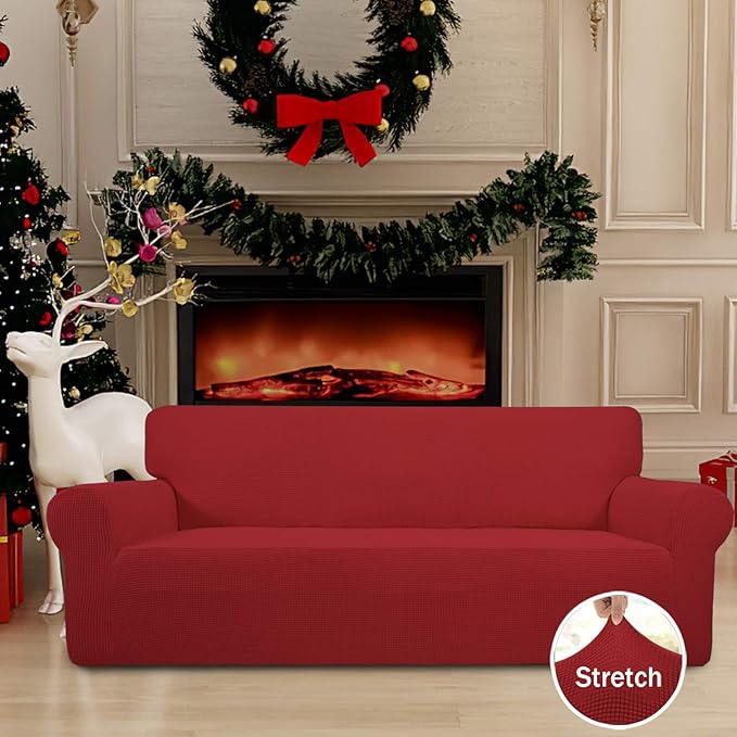 Easy-Going Stretch Oversized Sofa Slipcover 1-Piece Sofa Cover Furniture Protector Couch Soft with Elastic Bottom for Kids, Polyester Spandex Jacquard Fabric Small Checks Christmas Red
