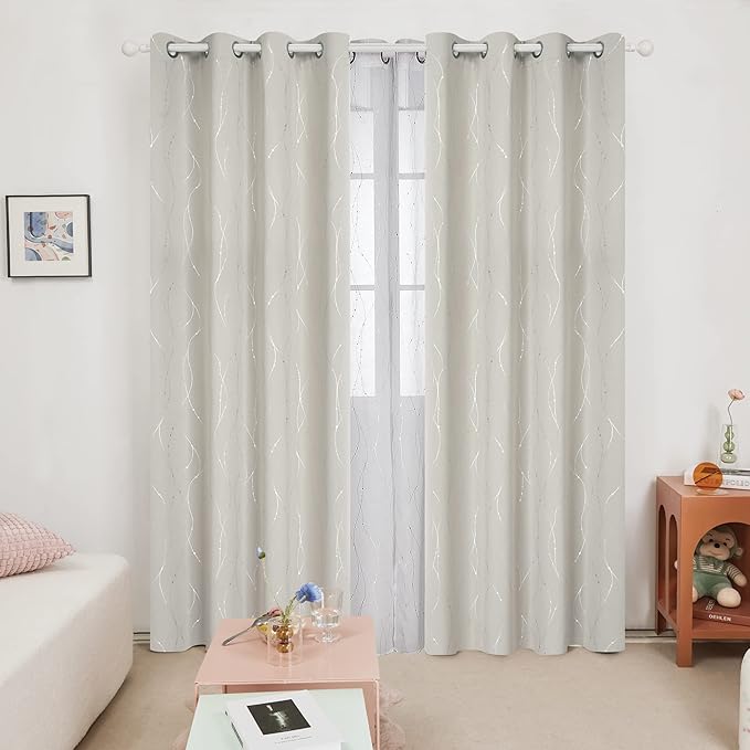 Deconovo Room Darkening Curtains, Farmhouse Boho Beige Curtain, Thermal Insulated Soundproof Drapes, Silver Wave Dots Print, 52 x 95 Inch Long, Machine Washable Panels for Nursery Bedroom, Set of 2