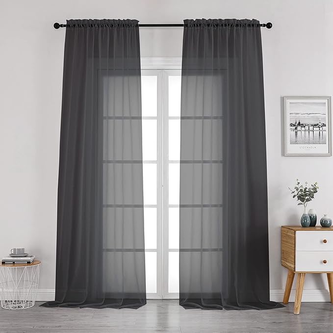 OWENIE Black Sheer Curtains 96 Inch Length, Elegant Sheer Curtains for Bedroom, Window Voile Sheer Curtain Panels/Drapes/Treatment for Living Room, 2Pcs, Each 42" W x 96" L, Black