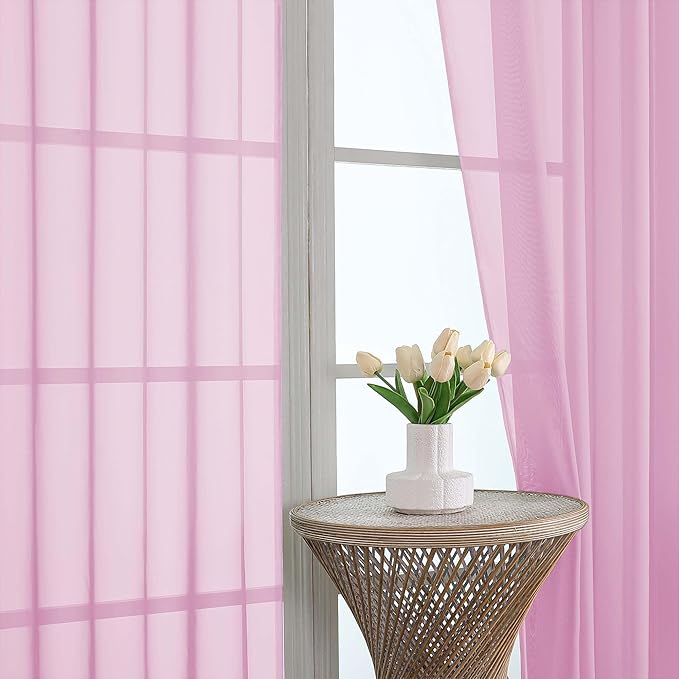 OWENIE Sheer Pink Curtains, Sheer Curtains 63 inch Length 2 Panels Set, Rod Pocket Voile Fimly Sheer Drapes for Living Room Bedroom, 2pcs, Pink, Each 59" W x 63" L