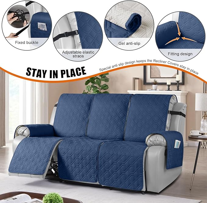 VANSOFY Waterproof Recliner Couch Covers, Sofa Covers 1-Piece Washable Reclining Sofa Cover Non-Slip Furniture Protector with Elastic Straps Pocket for Dogs, Pets(Ocean Blue,3 Seater)