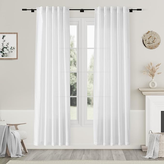 White Linen Curtains 80 Inches Length 2 Panels Set for Bedroom Living Room Back Tab Privacy Sheer Curtains Light Filtering Modern Farmhouse Coastal Decor Cotton Textured Gauze Curtain 36x80