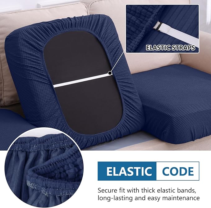 hyha Waterproof Couch Cushion Covers for Pets, Non Slip Sofa Seat Cover for Dogs Washable, Soft Thick Stretch Jacquard Fabric, Sofa Slipcovers with Elastic Bottom (1 Chaise+2 Seater, Navy)