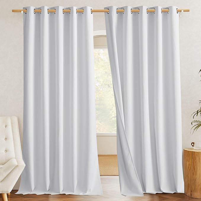 NICETOWN 100% Absolutely Blackout Linen Curtains with Thermal Insulated White Liner, White, W62, 2 Pieces, Noise Reducing Textured Linen Look Curtains for Windows 108 inch Length for Classroom