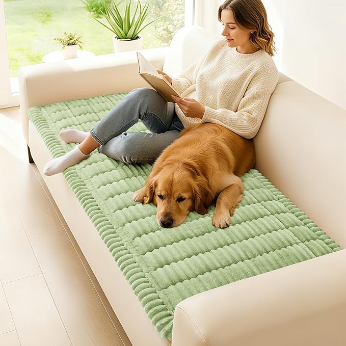 hyha Couch Covers for Dogs Washable, Non Slip Plush Dog Sofa Protectors, Fuzzy Pet Couch Covers for 3 Cushion Sofa Pet Friendly (Green, 27.6" x 70.9")