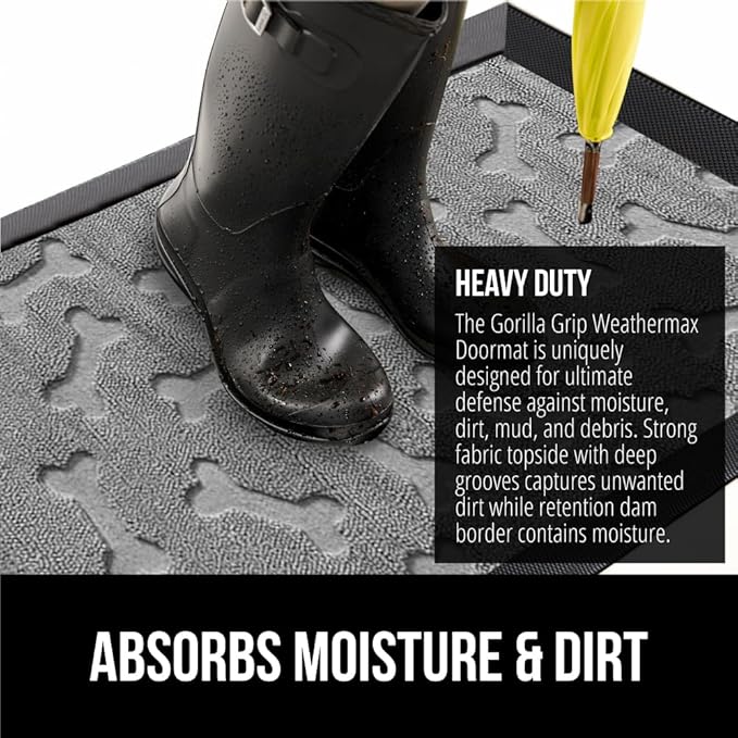 GORILLA GRIP 100% Waterproof All-Season WeatherMAX Doormat, US Designed Natural Rubber, Stain and Fade Resistant, Low Profile Indoor Outdoor Door Mats, Easy Clean Patio Mat, 29x17, Light Gray Bones
