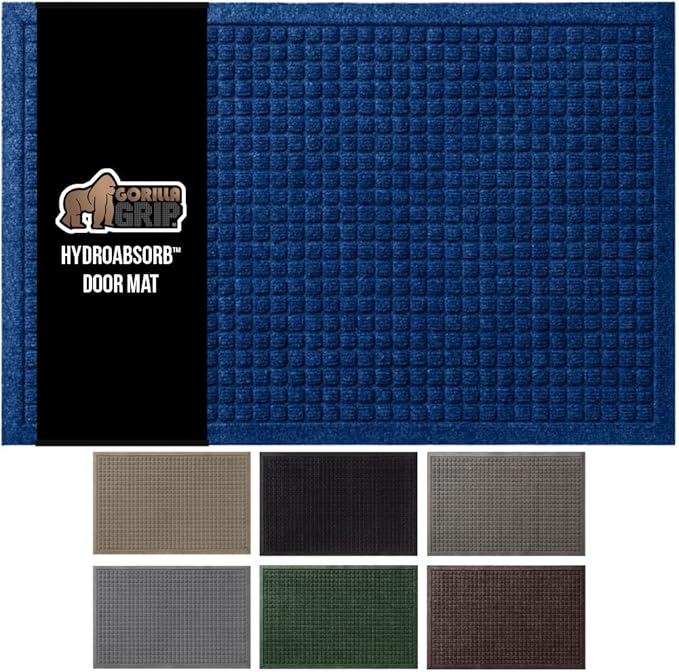 GORILLA GRIP® Ultra Absorbent Front Door Mat Outside Entrance, 47x35, Traps Dirt and Moisture, HydroABSORB Indoor Outdoor Doormat Holds Up to 6 Cups Water, Stain and Fade Resistant Welcome Mat, Blue