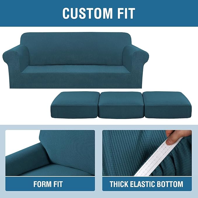 H.VERSAILTEX 4 Piece Stretch Sofa Covers for 3 Cushion Couch Covers for Living Room Furniture Slipcovers (Base Cover Plus 3 Seat Cushion Covers) Thicker Jacquard Fabric (Large Sofa, Deep Teal)