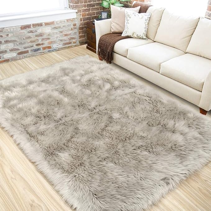 LOCHAS Soft Fluffy Faux Fur Rugs for Bedroom Bedside Rug 3x5 Feet, Washable, Furry Sheepskin Area Rug for Living Room Girls Room, Luxury Shag Carpet Home Decor, Beige