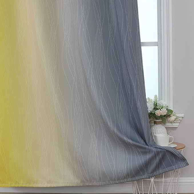 Estelar Textiler Yellow and Grey Ombre Blackout Curtains 90 Inch Length 2 Panels Set, Thermal Insulated Drapes for Bedroom, Full Room Darkening Grommet Gradient Curtains for Living Room,52Wx90L
