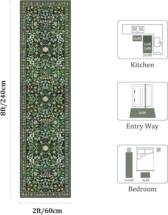 Yamaziot Washable Runner Rug 2x8 – Boho Non Slip Floral Hallway Runner Rug with Rubber Backing, Low Pile Distressed Carpet for Kitchen, Laundry, Bedroom, Entrance, Colorful Green