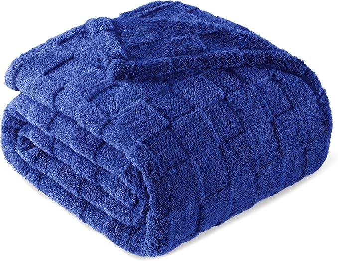 Exclusivo Mezcla Queen Size Flannel Fleece Blanket, Super Soft and Warm Lightweight Checkered Pattern Blankets for All Seasons, 90x90 Inches, Cobalt Blue