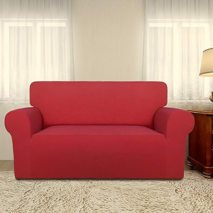 PureFit Super Stretch Sofa Slipcover – Spandex Non Slip Soft Couch Sofa Cover, Washable Furniture Protector with Non Skid Foam and Elastic Bottom for Kids, Pets （Loveseat, Red）