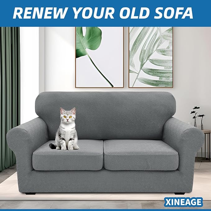 XINEAGE 2026 New 3 Pieces Couch Covers for 2 Cushion Sofa Super Stretch Loveseat Slipcover Pet Dog Universal Slip Cover Anti Slip Love Seat Furniture Protector (Light Gray, 55"-69")