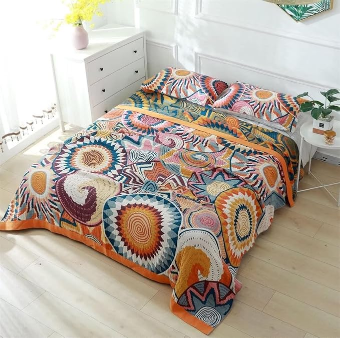 MSGKV Boho Throw Blanket for Bed 100% Cotton Blankets 90''x98'' Decorative Spring Couch Throws Breathable Blanket Gifts for Women