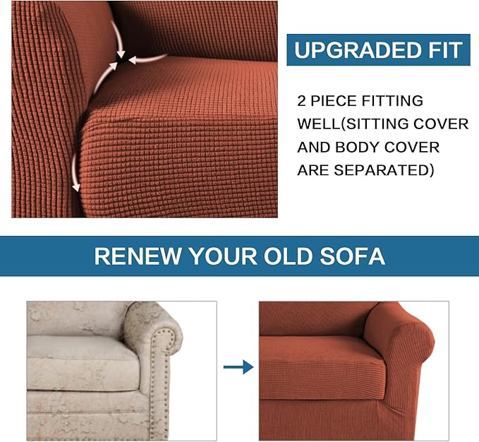 H.VERSAILTEX 2 Piece Couch Cover Stretch Stylish Chair Cover Furniture Cover/Protector Featuring Jacquard Textured Twill Fabric, High Spandex Slipcover Machine Washable(Chair, Rust)