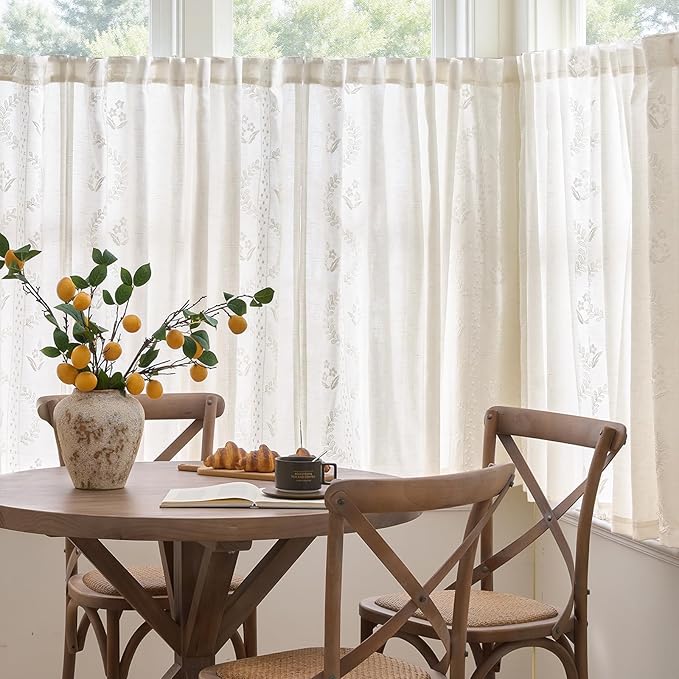 jinchan Belrose Linen Floral Cafe Curtains 54 Inch Length Embroidered Farmhouse Curtains for Kitchen Bedroom Bathroom Small Windows Curtain Set Light Filtering 2 Panels White