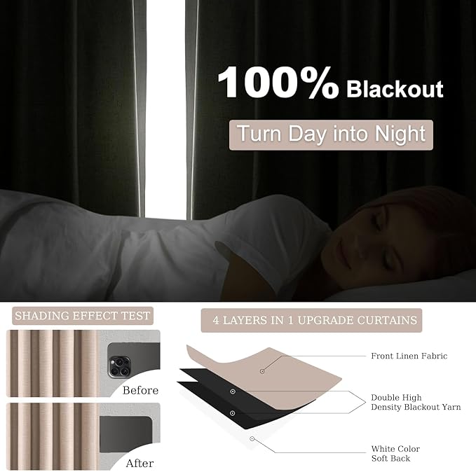 Natural Beige blackout curtains 84 inch Long 2 Panels 100% Blackout Linen Texture Curtain Window Drapes with Back Tab Rod Pocket Light Blocking Thermal Insulated Curtains for Bedroom Living Room